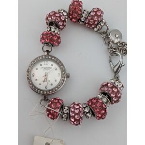 Figaro Couture Watch Women 26mm Silver Case Pink Beaded 8" Band- New Battery